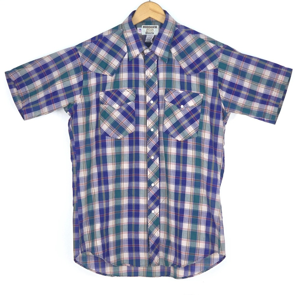 RUDDOCK‎ Flying R Shirt Men's XL Plaid Western Rodeo Cowboy Snap Flaps Long Tail